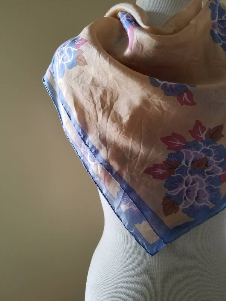 Vintage Silk Scarf / Hand Rolled / Hand Stitched / Floral / Blue / Pink / Tan / Brown / 29" x 28" / Square / Opaque / Hair Tie