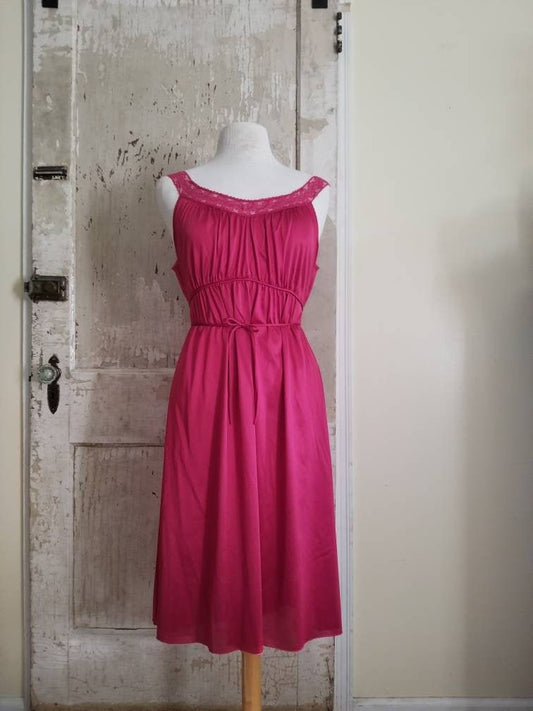 Vintage Nylon Nightgown / Vanity Fair / Medium / Magenta / Cranberry / Lace / Grecian / Wrap Ties / Short / Knee Length / Sexy / Scoop Neck