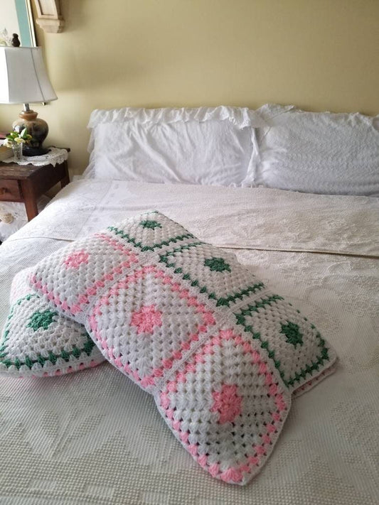 SALE Vintage Crochet Pillowcases / Pair / Set of 2 / Granny Square / Acrylic / Pink / White / Green / Standard Size / Hippie / Boho / Handmade