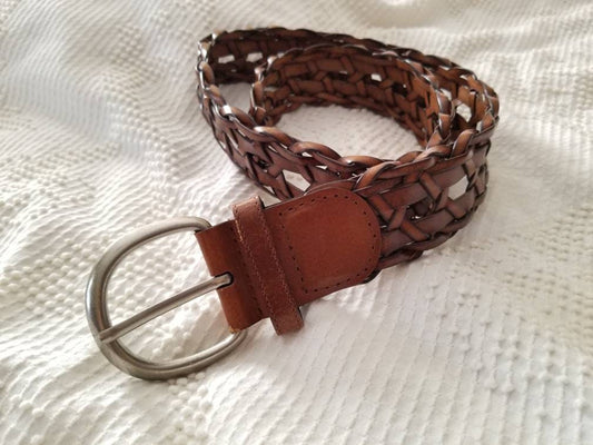 Vintage Braided Belt / Genuine Leather / Thick / Wide / Woven / Silver Buckle / Small/ Medium / Brown / Bonded / 2" / Classic / Women / Boho