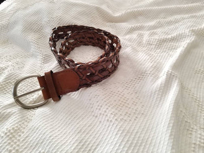 Vintage Braided Belt / Genuine Leather / Thick / Wide / Woven / Silver Buckle / Small/ Medium / Brown / Bonded / 2" / Classic / Women / Boho