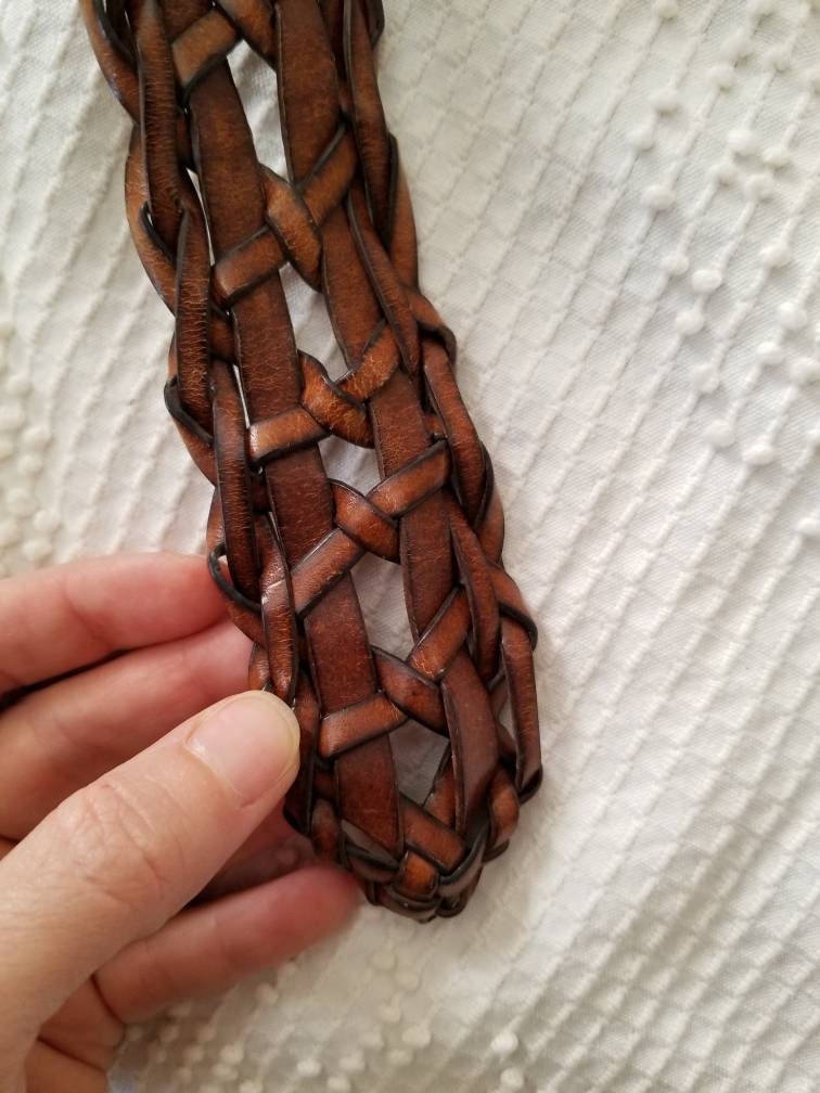 Vintage Braided Belt / Genuine Leather / Thick / Wide / Woven / Silver Buckle / Small/ Medium / Brown / Bonded / 2" / Classic / Women / Boho