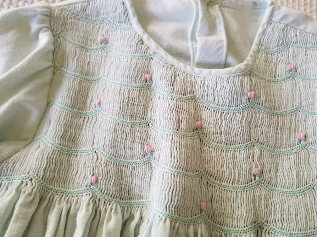 SALE Vintage smocked dress, toddler girl, long sleeves, mint green, pink rosettes, 5T, winter, birthday, party, school, back buttons, pastel, 4T