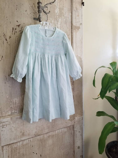 SALE Vintage smocked dress, toddler girl, long sleeves, mint green, pink rosettes, 5T, winter, birthday, party, school, back buttons, pastel, 4T