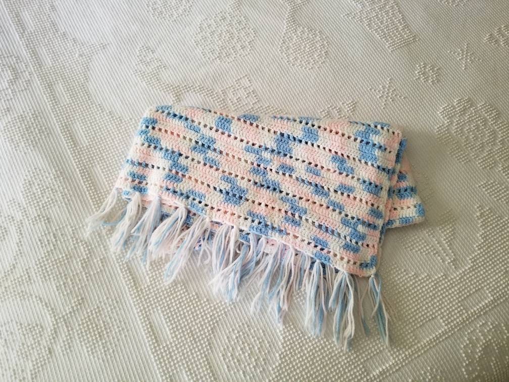 SALE Vintage Crochet Blanket / Handmade / Gender Neutral / Baby Shower Gift / Newborn / Nursery / Crib Bedding / Pastel / Pink / Blue / Tassels