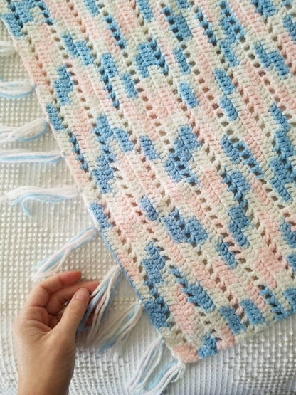 SALE Vintage Crochet Blanket / Handmade / Gender Neutral / Baby Shower Gift / Newborn / Nursery / Crib Bedding / Pastel / Pink / Blue / Tassels