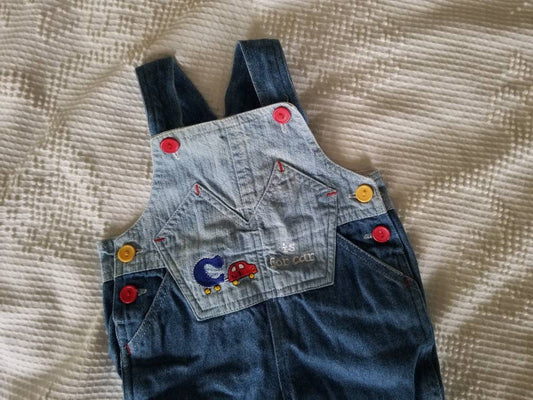 SALE Vintage infant overalls, 0-3 mos, denim, c is for car, crotch snaps, red, yellow, embroidered, 80s, kawaii, gender neutral, primary colors