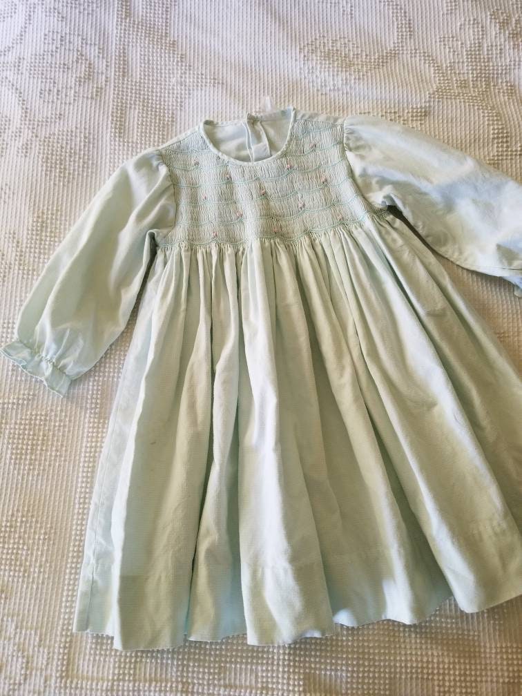 SALE Vintage smocked dress, toddler girl, long sleeves, mint green, pink rosettes, 5T, winter, birthday, party, school, back buttons, pastel, 4T