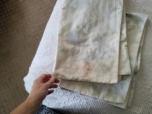 SALE Vintage floral pillowcases, Westpoint Stevens, muted colors, faded, shabby chic, stripes, neutral, pale, beige, set of 2, pair standard size