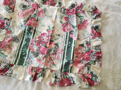 SALE Vintage Floral Shams, Crown Crafts, Jacqueline, ruffled, standard size, set of 2, pillowcases, 90s, roses, green stripe, bouquet, blue, pink