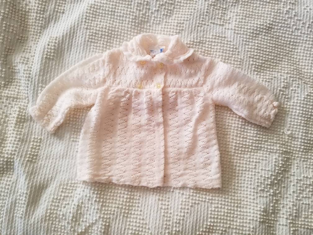 SALE Vintage Infant Cardigan, knit, pink, pastel, pale, acrylic, collar, buttons, NB-3m, long sleeves, made in Portugal, 50s, 60s, baby girl