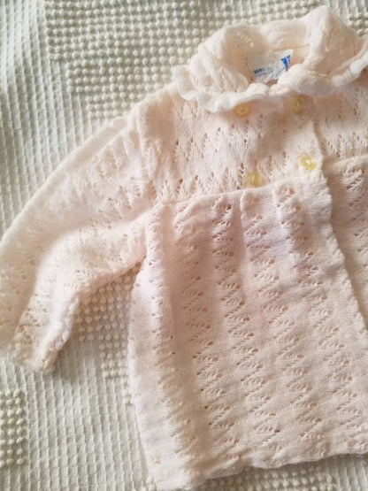 SALE Vintage Infant Cardigan, knit, pink, pastel, pale, acrylic, collar, buttons, NB-3m, long sleeves, made in Portugal, 50s, 60s, baby girl