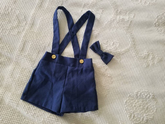 SALE Vintage Short Overalls, suspenders, baby, size 1, navy blue, matching bowtie, brass buttons, 2 pc set, sailor suit, nautical, cruise, boat