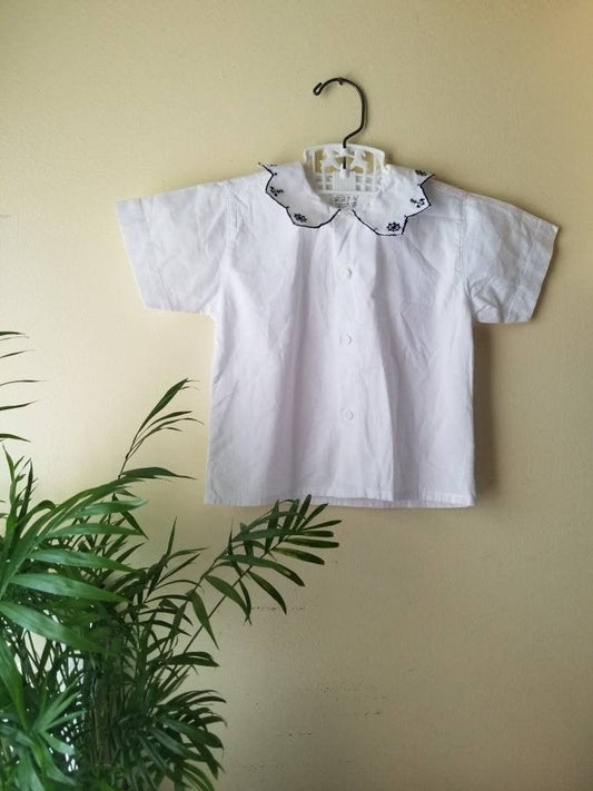 Vintage sailor shirt, embroidered, white, short sleeves, nautical, anchor, helm wheel, 12m, baby, toddler, front button, collar