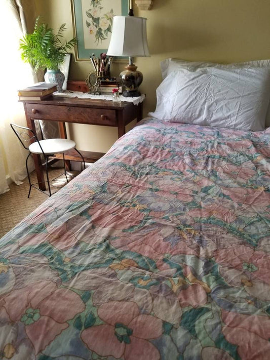 SALE Vintage floral sheets, full size, fitted, flat, standard pillowcases, set of 4, large print, watercolor, shabby chic, feminine girly, double