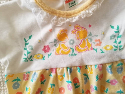 SALE Vintage Yellow Romper, infant, baby, girl, Health-Tex, 3m, bear, bunny, floral, flowers, lace trim, short sleeves, crotch snaps, bodysuit