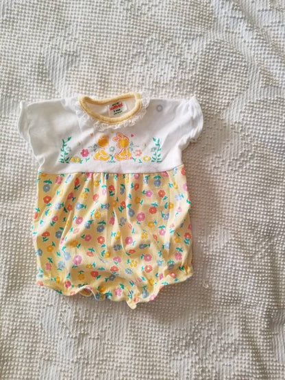 SALE Vintage Yellow Romper, infant, baby, girl, Health-Tex, 3m, bear, bunny, floral, flowers, lace trim, short sleeves, crotch snaps, bodysuit