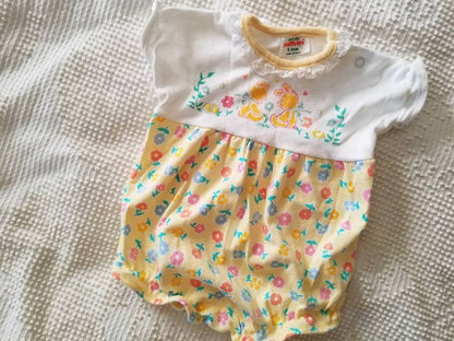 SALE Vintage Yellow Romper, infant, baby, girl, Health-Tex, 3m, bear, bunny, floral, flowers, lace trim, short sleeves, crotch snaps, bodysuit