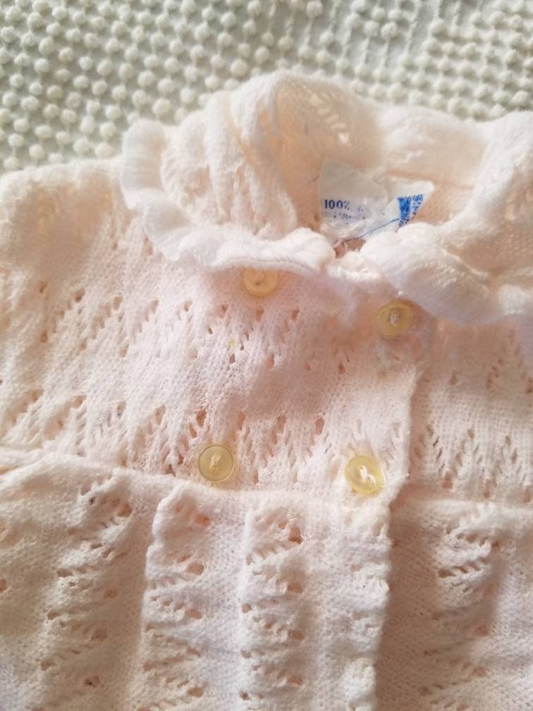 SALE Vintage Infant Cardigan, knit, pink, pastel, pale, acrylic, collar, buttons, NB-3m, long sleeves, made in Portugal, 50s, 60s, baby girl