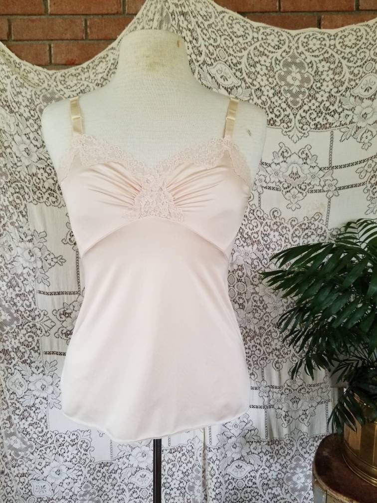 Vintage nude slip, Shadowline, 32, beige, dusty rose, adjustable straps, tank top, camisole, sleeveless, sexy, nylon, half slip, side slits