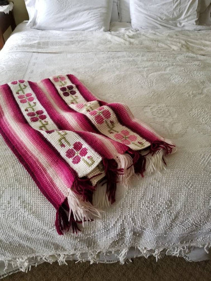 SALE Vintage crochet blanket, throw, pink, floral, embroidered, fringe, 70s, fuchsia, maroon, girly, feminine, handmade, granny chic, shabby chic