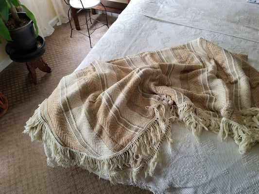 SALE Vintage woven blanket, neutral colors, minimal, 70s, mid-century, stripes, fringe, twin size, boho, coverlet, throw, afghan, bedspread