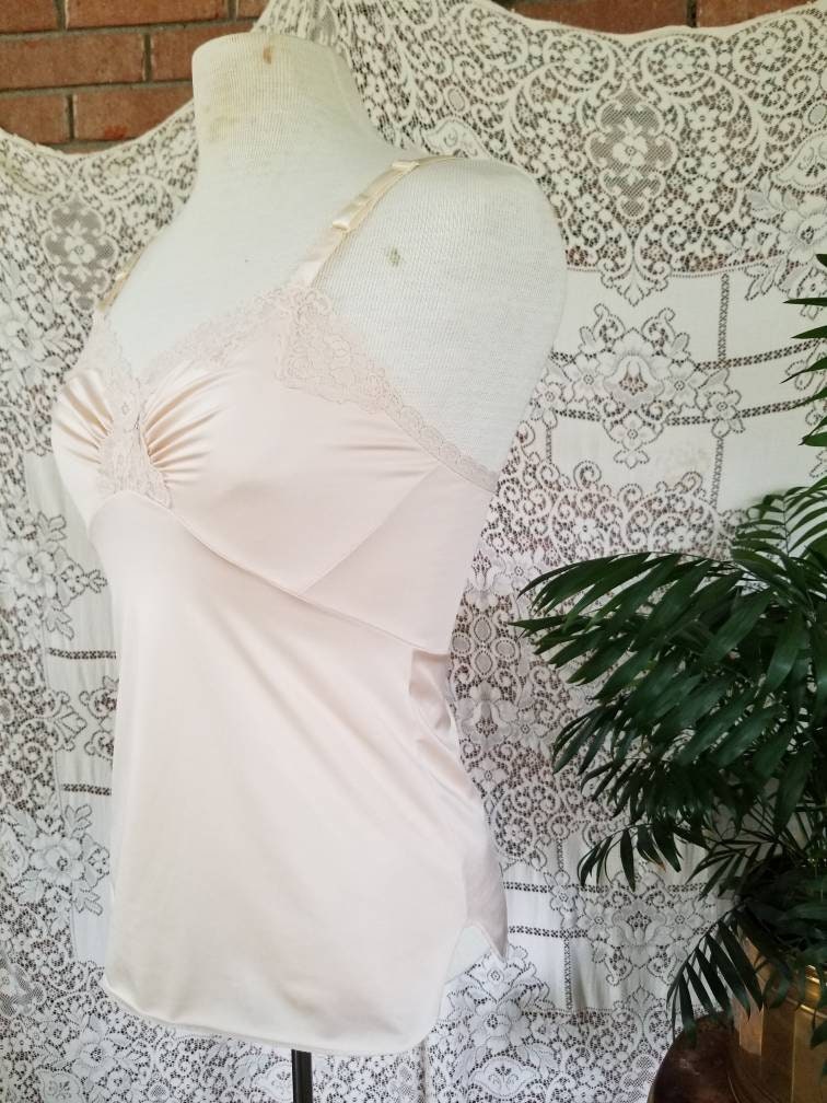 Vintage nude slip, Shadowline, 32, beige, dusty rose, adjustable straps, tank top, camisole, sleeveless, sexy, nylon, half slip, side slits