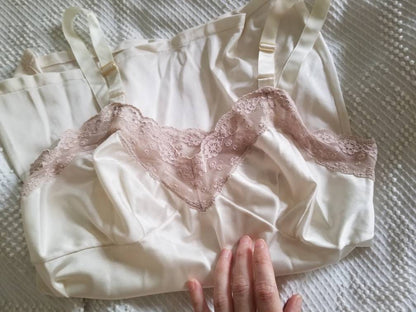 Vintage camisole, half slip, nude, beige, adjustable straps, Pinehurst Lingerie, lingerie, lace trim, 32, 70s, sexy, tank top, sleeveless