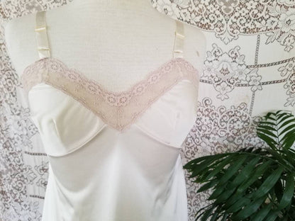 Vintage camisole, half slip, nude, beige, adjustable straps, Pinehurst Lingerie, lingerie, lace trim, 32, 70s, sexy, tank top, sleeveless