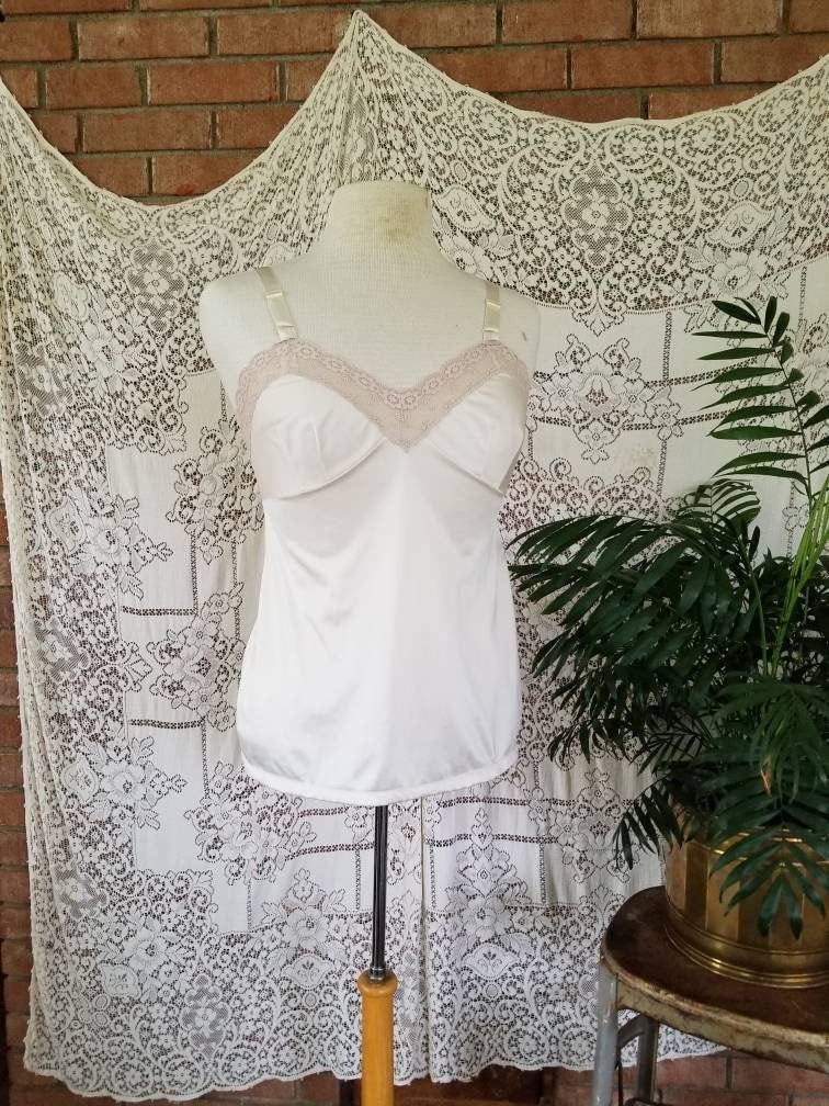 Vintage camisole, half slip, nude, beige, adjustable straps, Pinehurst Lingerie, lingerie, lace trim, 32, 70s, sexy, tank top, sleeveless