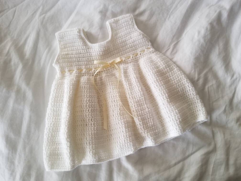 SALE Vintage crochet dress, baby, infant, 18 months, white, handmade, sleeveless, yellow ribbon, newborn, baby gift, baby shower, nursery, girl