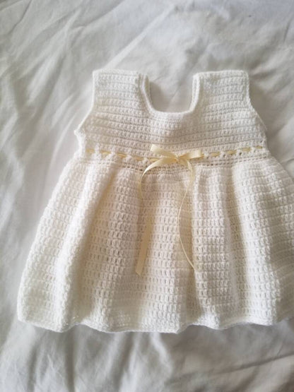 SALE Vintage crochet dress, baby, infant, 18 months, white, handmade, sleeveless, yellow ribbon, newborn, baby gift, baby shower, nursery, girl