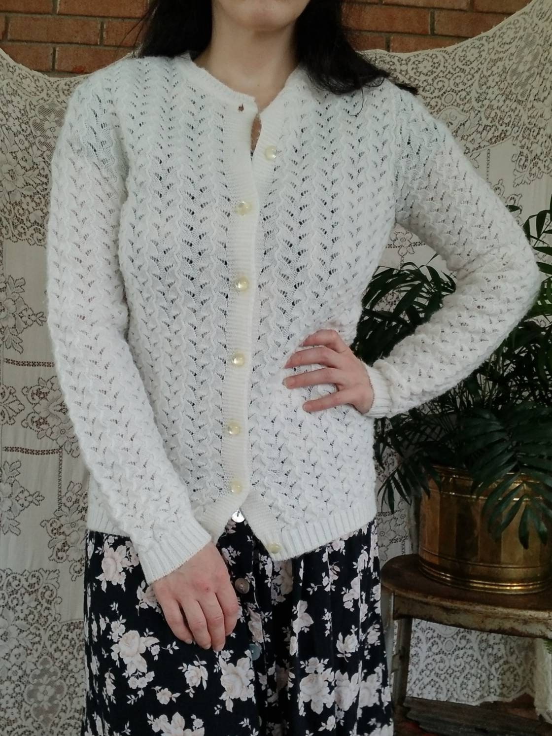 SALE Vintage knit sweater, British Vogue, Wintuk, acrylic, button up, cardigan, long sleeves, pearl buttons, lace, white, 50s 60s, long, sweater