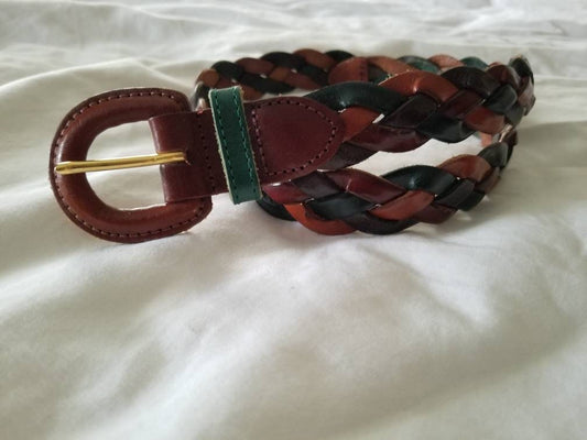 Vintage braided belt, genuine leather, multi color, the limited, medium, 90s, preppy, woven, classic, women, thin, brown, mustard, green