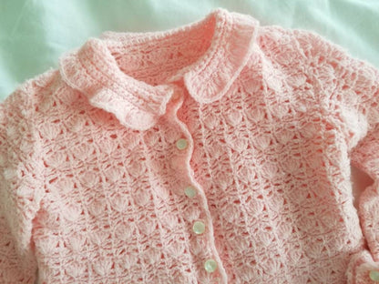 SALE Vintage cardigan, handmade, knit, pink, pastel, collar, cuffs, long sleeves, infant, 12 months, baby, button up, gift, present, pearls