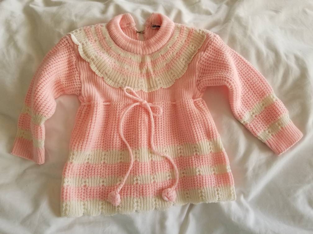 SALE Vintage dress, Jainco Knitwears, baby, infant, girl, knit, long sleeves, drawstring, scallops, pink, white, NB, 3 months, baby shower gift