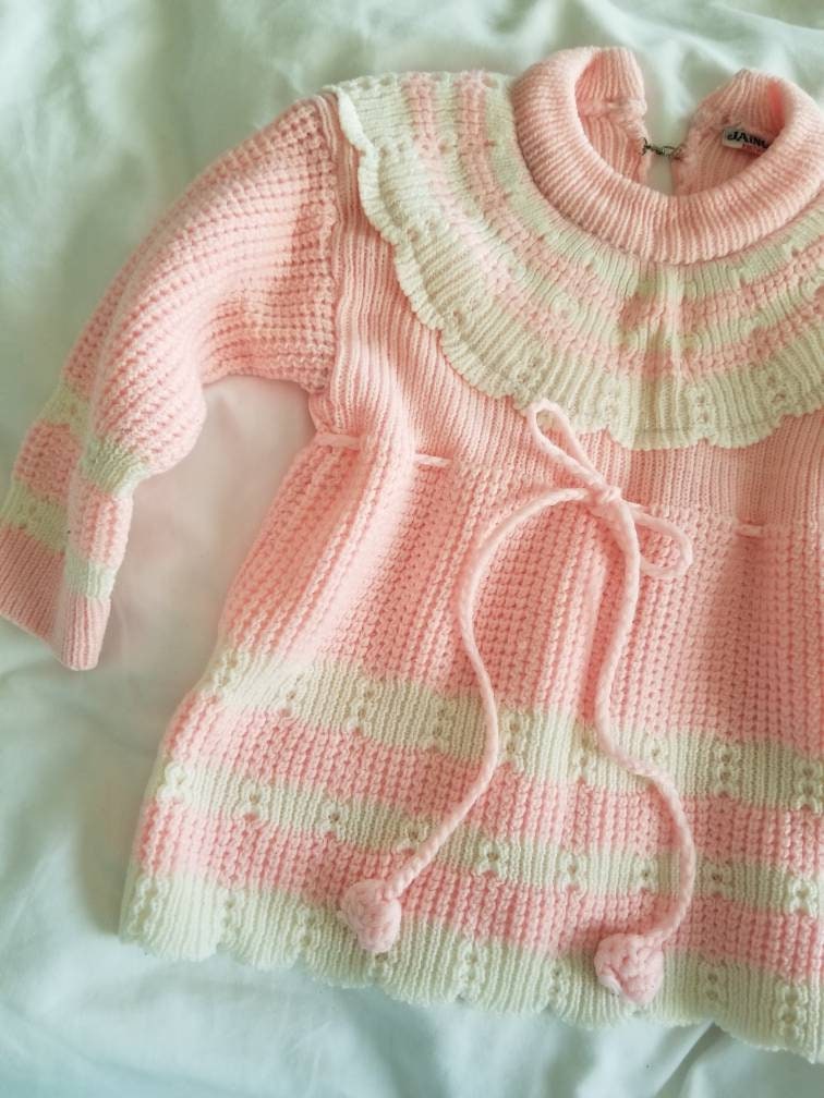 SALE Vintage dress, Jainco Knitwears, baby, infant, girl, knit, long sleeves, drawstring, scallops, pink, white, NB, 3 months, baby shower gift