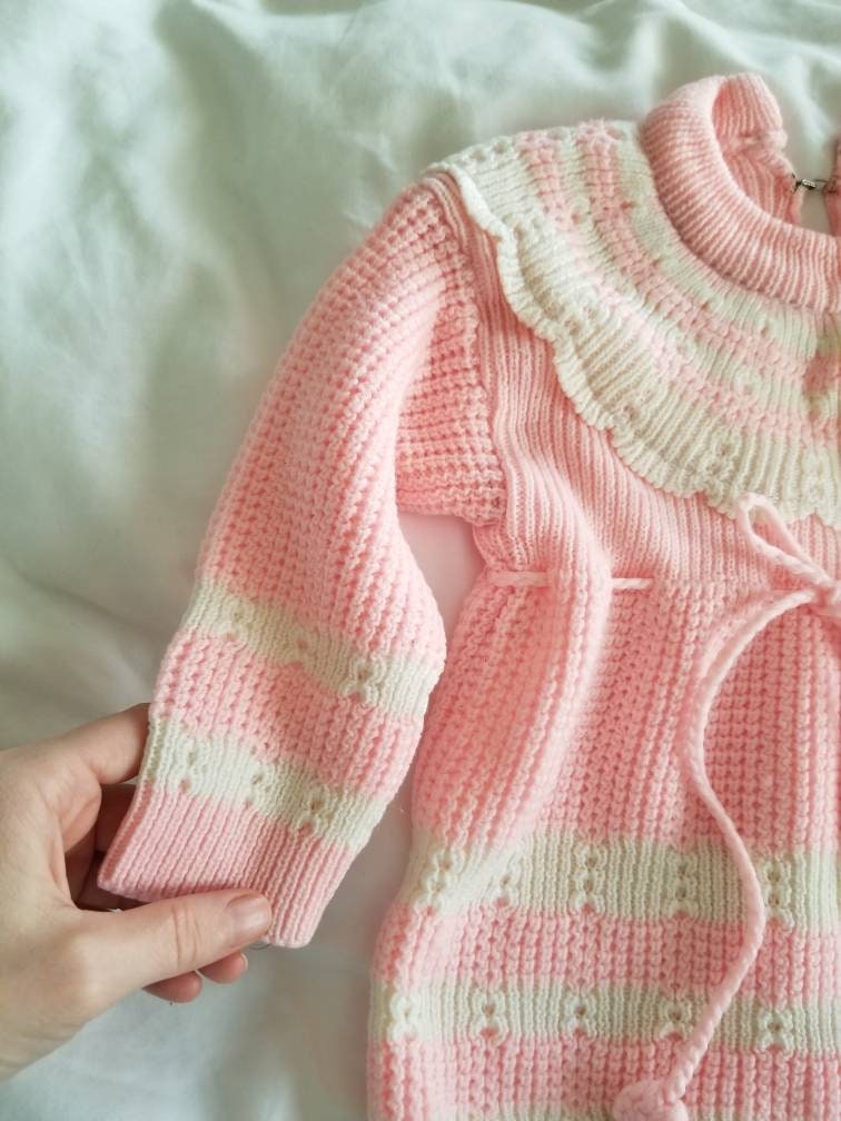 SALE Vintage dress, Jainco Knitwears, baby, infant, girl, knit, long sleeves, drawstring, scallops, pink, white, NB, 3 months, baby shower gift