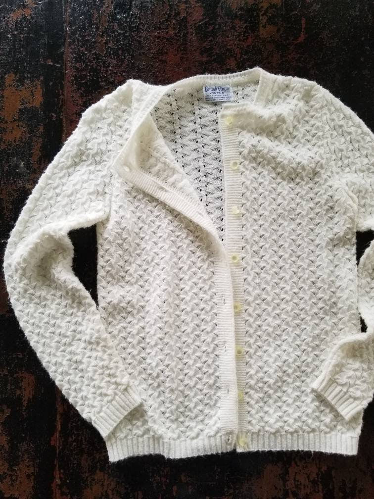 SALE Vintage knit sweater, British Vogue, Wintuk, acrylic, button up, cardigan, long sleeves, pearl buttons, lace, white, 50s 60s, long, sweater