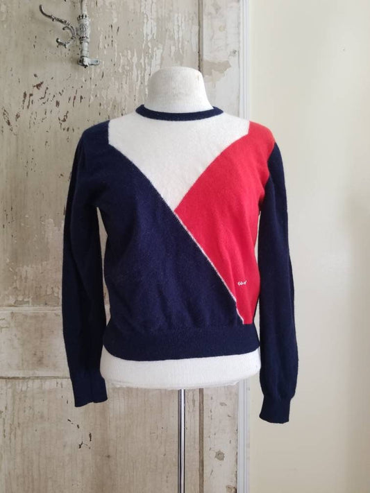 SALE Vintage sweater, The Gleneagles Range, wool, Scotland, long sleeves, red, white, navy blue, small, medium, 70s, pullover, crew neck, unisex