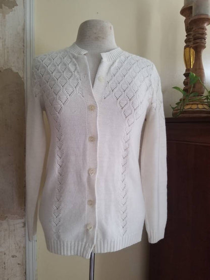 SALE Vintage sweater, cardigan, button up, long sleeves, white, 50s 60s, knit, long, women, triangles, geometric, small, acrylic, granny chic