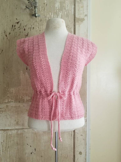 Vintage knit vest, pink, handmade, sleeveless, drawstring, small, medium, women, feminine, simple, minimal, cotton, classic, timeless