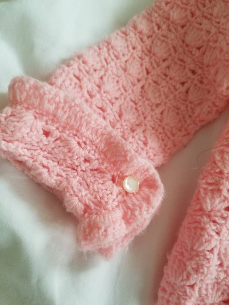 SALE Vintage cardigan, handmade, knit, pink, pastel, collar, cuffs, long sleeves, infant, 12 months, baby, button up, gift, present, pearls