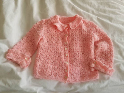 SALE Vintage cardigan, handmade, knit, pink, pastel, collar, cuffs, long sleeves, infant, 12 months, baby, button up, gift, present, pearls