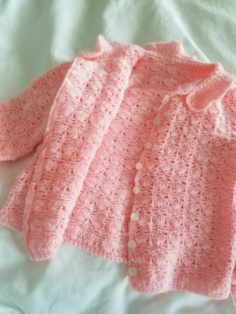 SALE Vintage cardigan, handmade, knit, pink, pastel, collar, cuffs, long sleeves, infant, 12 months, baby, button up, gift, present, pearls