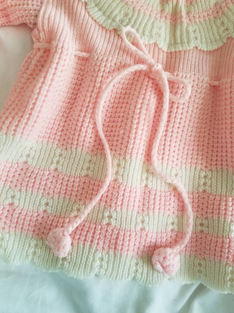 SALE Vintage dress, Jainco Knitwears, baby, infant, girl, knit, long sleeves, drawstring, scallops, pink, white, NB, 3 months, baby shower gift