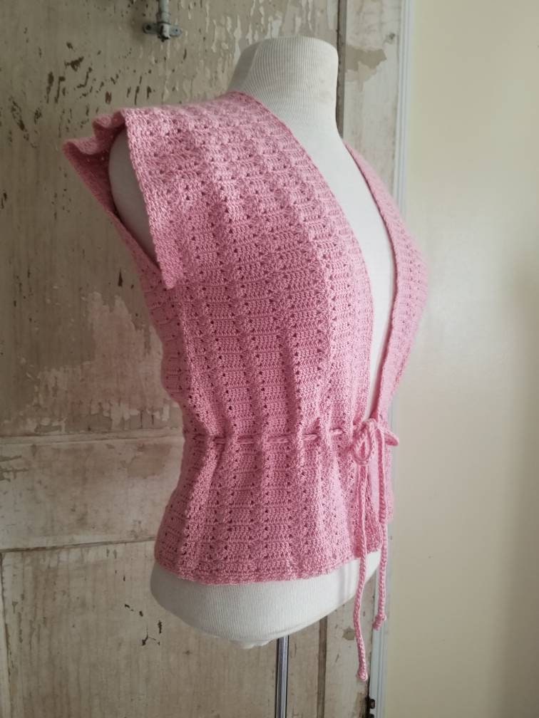 Vintage knit vest, pink, handmade, sleeveless, drawstring, small, medium, women, feminine, simple, minimal, cotton, classic, timeless