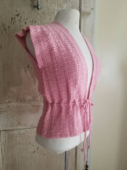 Vintage knit vest, pink, handmade, sleeveless, drawstring, small, medium, women, feminine, simple, minimal, cotton, classic, timeless