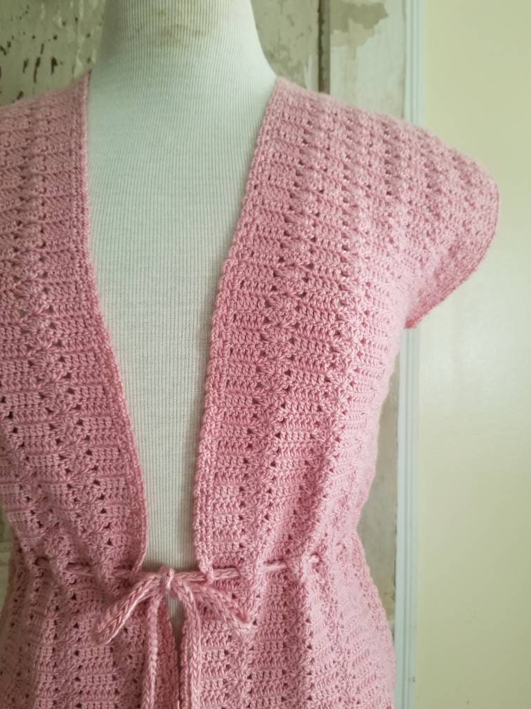 Vintage knit vest, pink, handmade, sleeveless, drawstring, small, medium, women, feminine, simple, minimal, cotton, classic, timeless