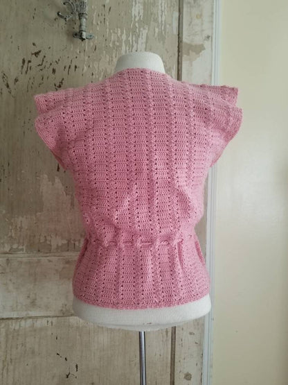 Vintage knit vest, pink, handmade, sleeveless, drawstring, small, medium, women, feminine, simple, minimal, cotton, classic, timeless